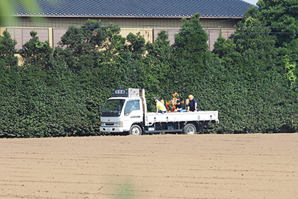 お祭りの準備を進めていると、お神輿を乗せたトラックが到着。蕗田行政区は、田畑が多く移動距離がとても長いです。子供たちに無理をさせないためにも、場所によってはトラックを利用することがあります。